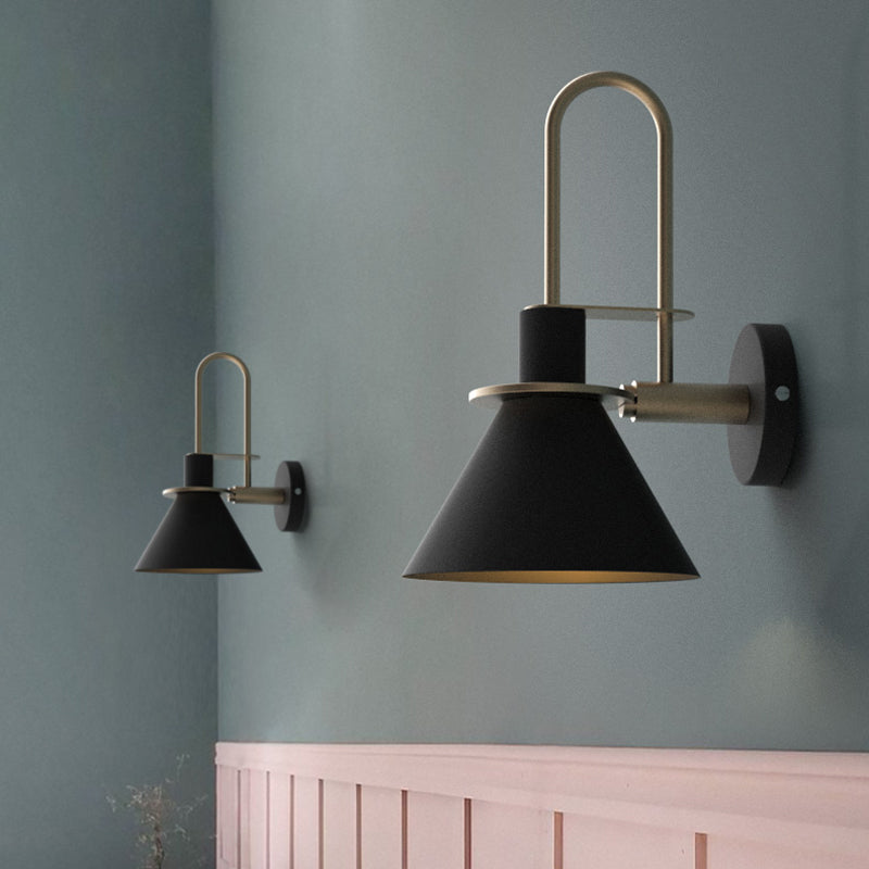 Skørter | Black/White/Green Cone Wall Lamp Macaron 1-Light Metal Wall Light with Curved Arm for Bedroom, Warm/White Light