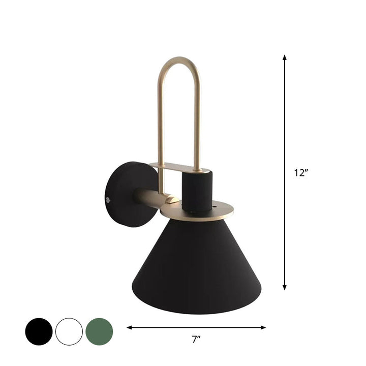 Skørter | Black/White/Green Cone Wall Lamp Macaron 1-Light Metal Wall Light with Curved Arm for Bedroom, Warm/White Light