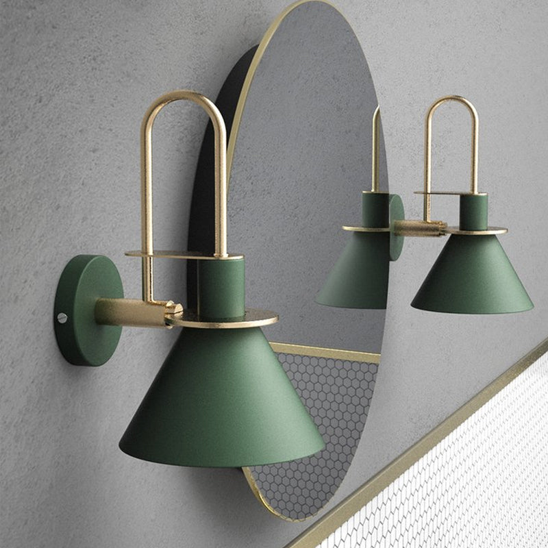 Skørter | Black/White/Green Cone Wall Lamp Macaron 1-Light Metal Wall Light with Curved Arm for Bedroom, Warm/White Light