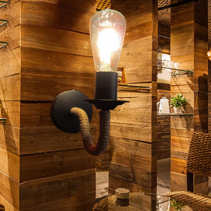 Lisslune | Rope wrapping Arm Wall lamp Rustic 1 head Bathroom wall-mounted lamp with Open bulb design in Black