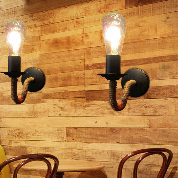 Lisslune | Rope wrapping Arm Wall lamp Rustic 1 head Bathroom wall-mounted lamp with Open bulb design in Black