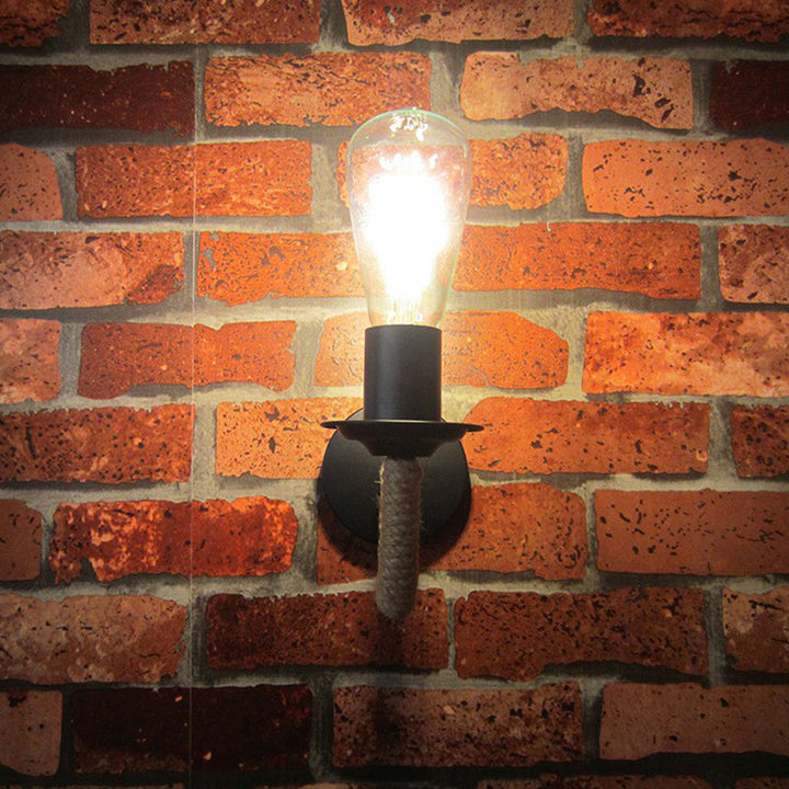 Lisslune | Rope wrapping Arm Wall lamp Rustic 1 head Bathroom wall-mounted lamp with Open bulb design in Black