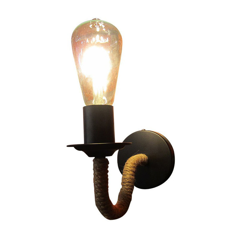 Lisslune | Rope wrapping Arm Wall lamp Rustic 1 head Bathroom wall-mounted lamp with Open bulb design in Black