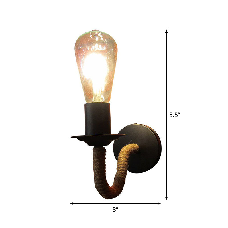Lisslune | Rope wrapping Arm Wall lamp Rustic 1 head Bathroom wall-mounted lamp with Open bulb design in Black