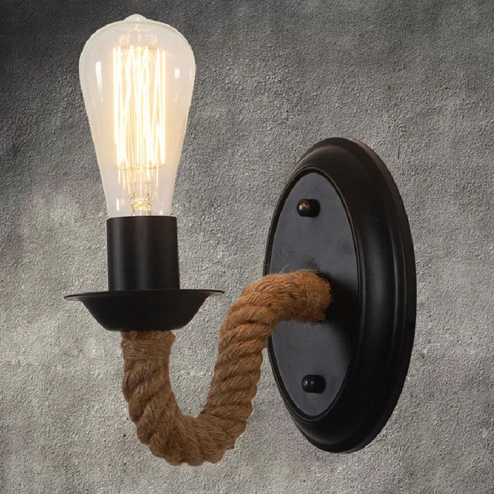 Lisslune | Black 1 Bulb Wall Lamp Fixture Lodge Metal Oval/Round Back Plate Wall Light with Curved Rope Arm