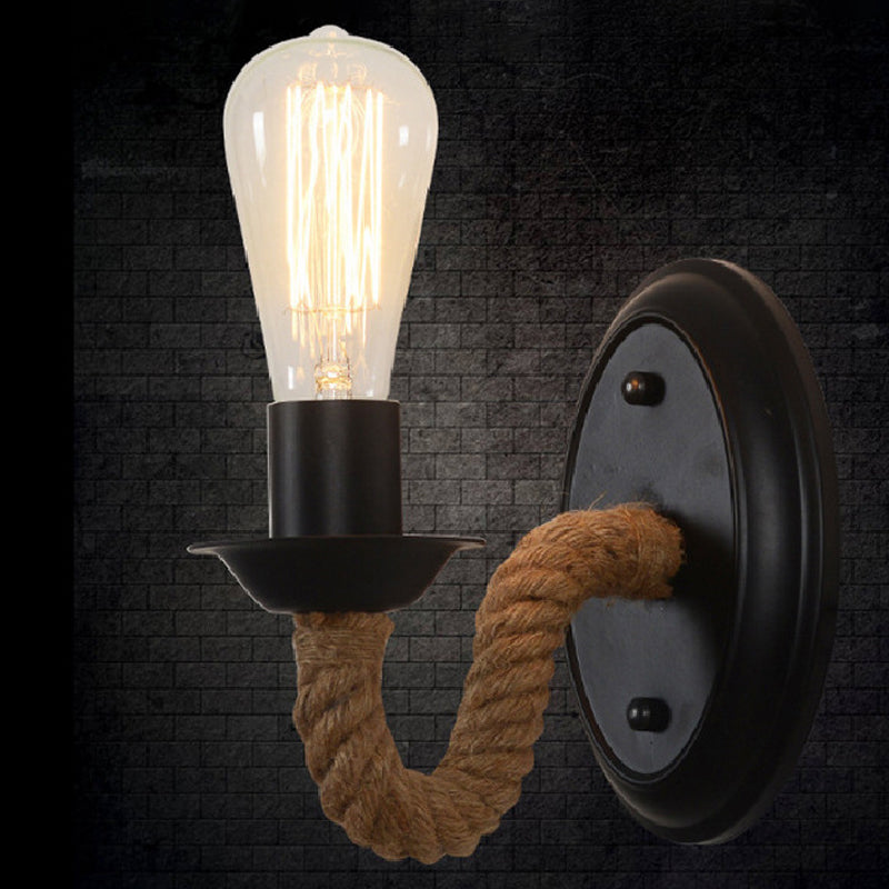 Lisslune | Black 1 Bulb Wall Lamp Fixture Lodge Metal Oval/Round Back Plate Wall Light with Curved Rope Arm