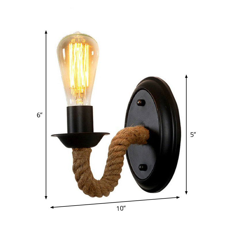 Lisslune | Black 1 Bulb Wall Lamp Fixture Lodge Metal Oval/Round Back Plate Wall Light with Curved Rope Arm