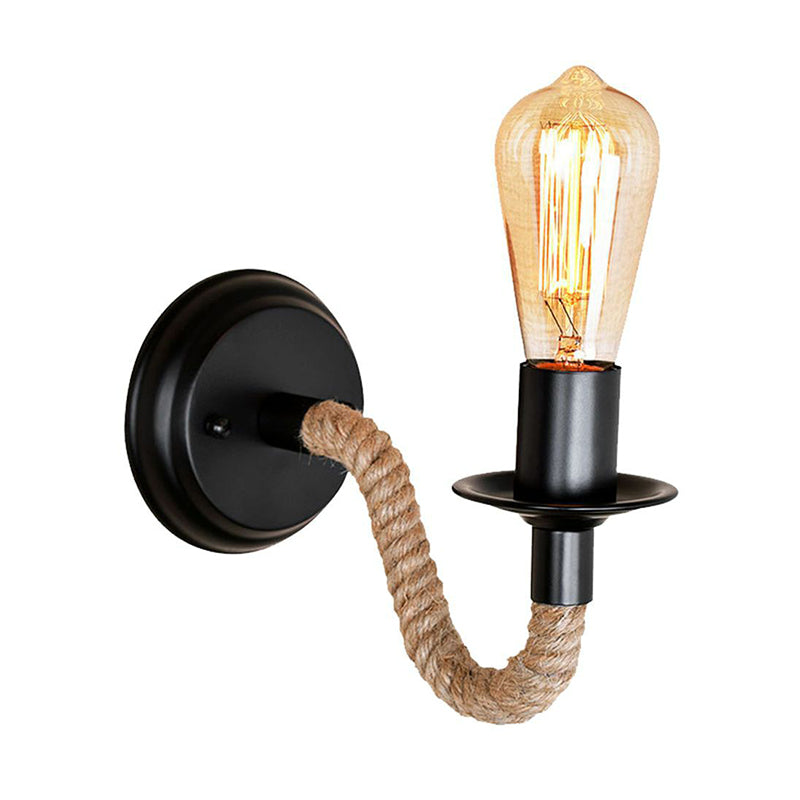 Lisslune | Black 1 Bulb Wall Lamp Fixture Lodge Metal Oval/Round Back Plate Wall Light with Curved Rope Arm