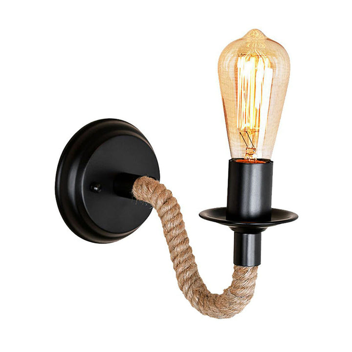 Lisslune | Black 1 Bulb Wall Lamp Fixture Lodge Metal Oval/Round Back Plate Wall Light with Curved Rope Arm