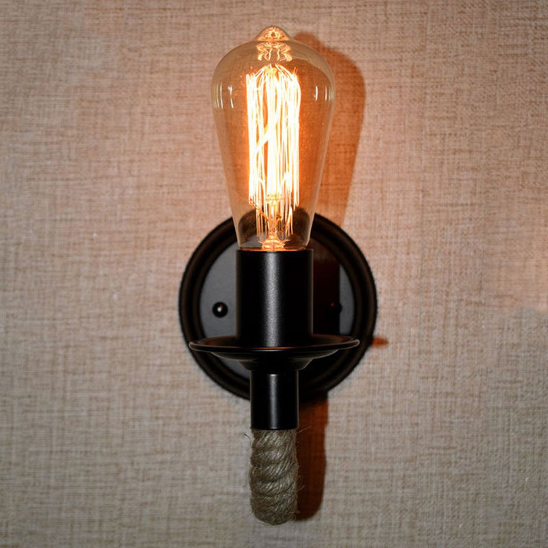 Lisslune | Black 1 Bulb Wall Lamp Fixture Lodge Metal Oval/Round Back Plate Wall Light with Curved Rope Arm