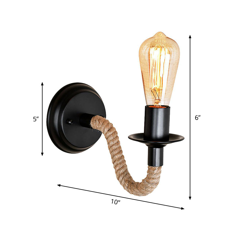 Lisslune | Black 1 Bulb Wall Lamp Fixture Lodge Metal Oval/Round Back Plate Wall Light with Curved Rope Arm