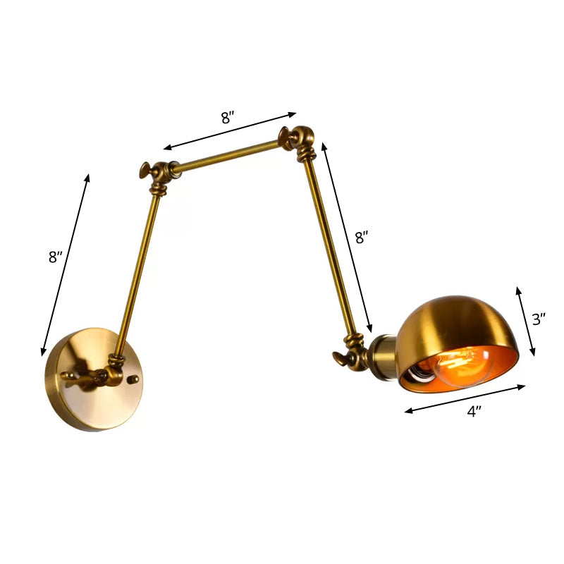 Lisslune | Adjustable 3-Joint Arm Iron Wall Lighting Vintage 1 Bulb Studio Wall Mount Light with Dome Shade in Gold