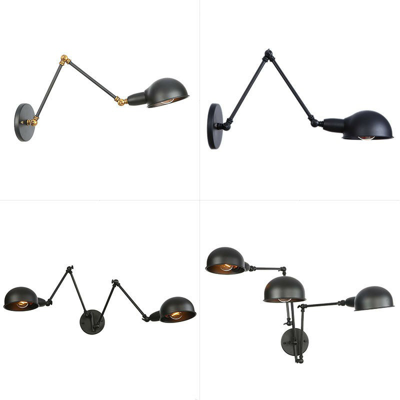 Lisslune | Industrial Dome-Shaped Wall Lamp Kit Single Bulb Iron Wall Mount Lighting Fixture with Swing Arm in Black, 6"+6"/12"+6" W