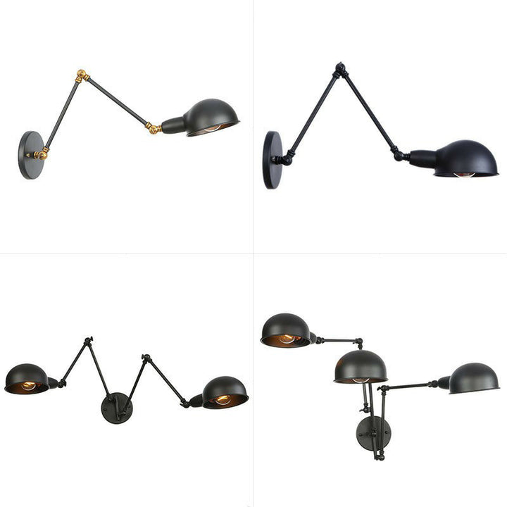 Lisslune | Industrial Dome-Shaped Wall Lamp Kit Single Bulb Iron Wall Mount Lighting Fixture with Swing Arm in Black, 6"+6"/12"+6" W