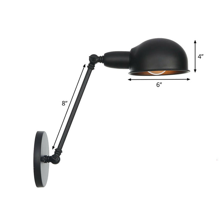 Lisslune | Industrial Dome-Shaped Wall Lamp Kit Single Bulb Iron Wall Mount Lighting Fixture with Swing Arm in Black, 6"+6"/12"+6" W