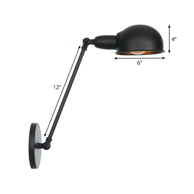 Lisslune | Industrial Dome-Shaped Wall Lamp Kit Single Bulb Iron Wall Mount Lighting Fixture with Swing Arm in Black, 6"+6"/12"+6" W