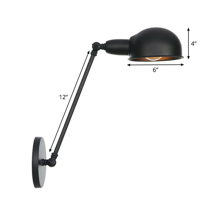 Lisslune | Industrial Dome-Shaped Wall Lamp Kit Single Bulb Iron Wall Mount Lighting Fixture with Swing Arm in Black, 6"+6"/12"+6" W