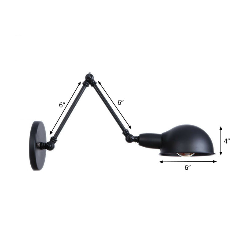 Lisslune | Industrial Dome-Shaped Wall Lamp Kit Single Bulb Iron Wall Mount Lighting Fixture with Swing Arm in Black, 6"+6"/12"+6" W
