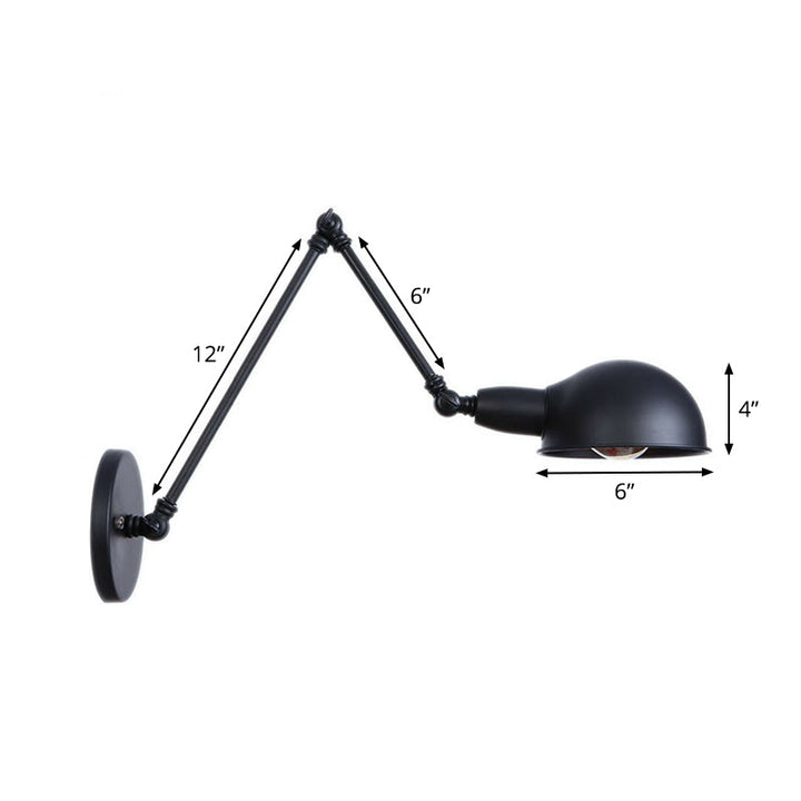 Lisslune | Industrial Dome-Shaped Wall Lamp Kit Single Bulb Iron Wall Mount Lighting Fixture with Swing Arm in Black, 6"+6"/12"+6" W