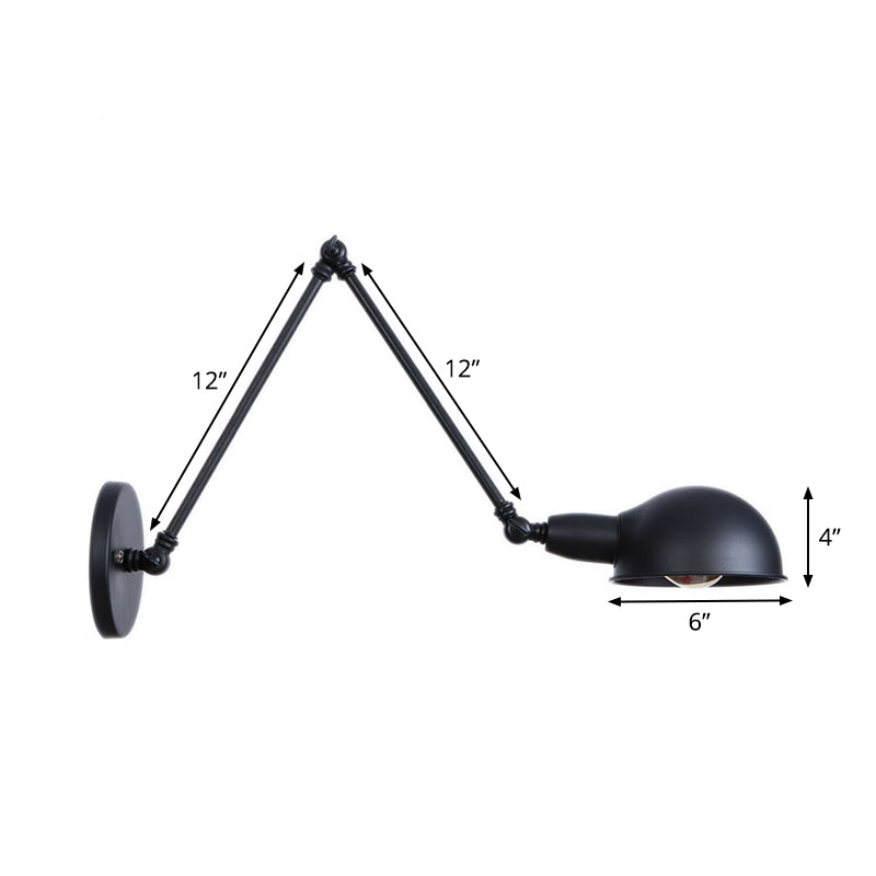 Lisslune | Industrial Dome-Shaped Wall Lamp Kit Single Bulb Iron Wall Mount Lighting Fixture with Swing Arm in Black, 6"+6"/12"+6" W