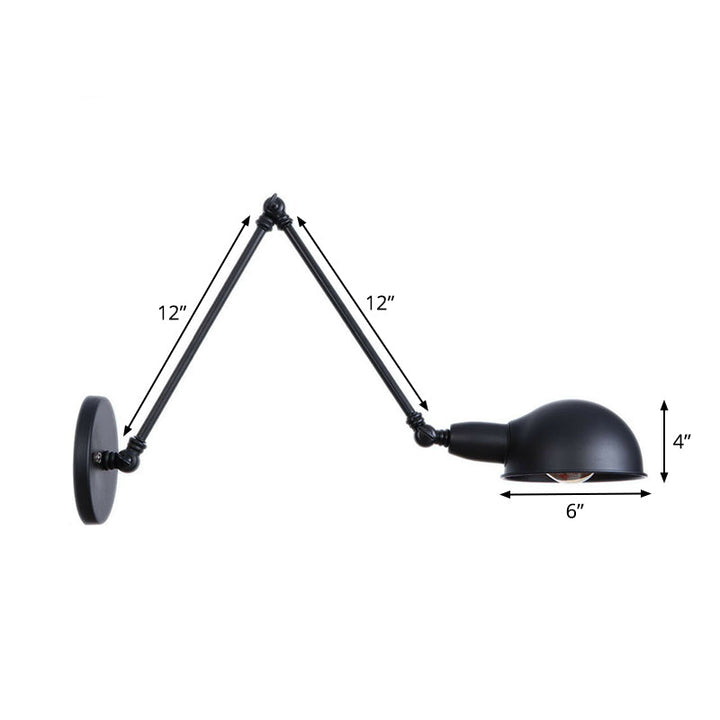Lisslune | Industrial Dome-Shaped Wall Lamp Kit Single Bulb Iron Wall Mount Lighting Fixture with Swing Arm in Black, 6"+6"/12"+6" W