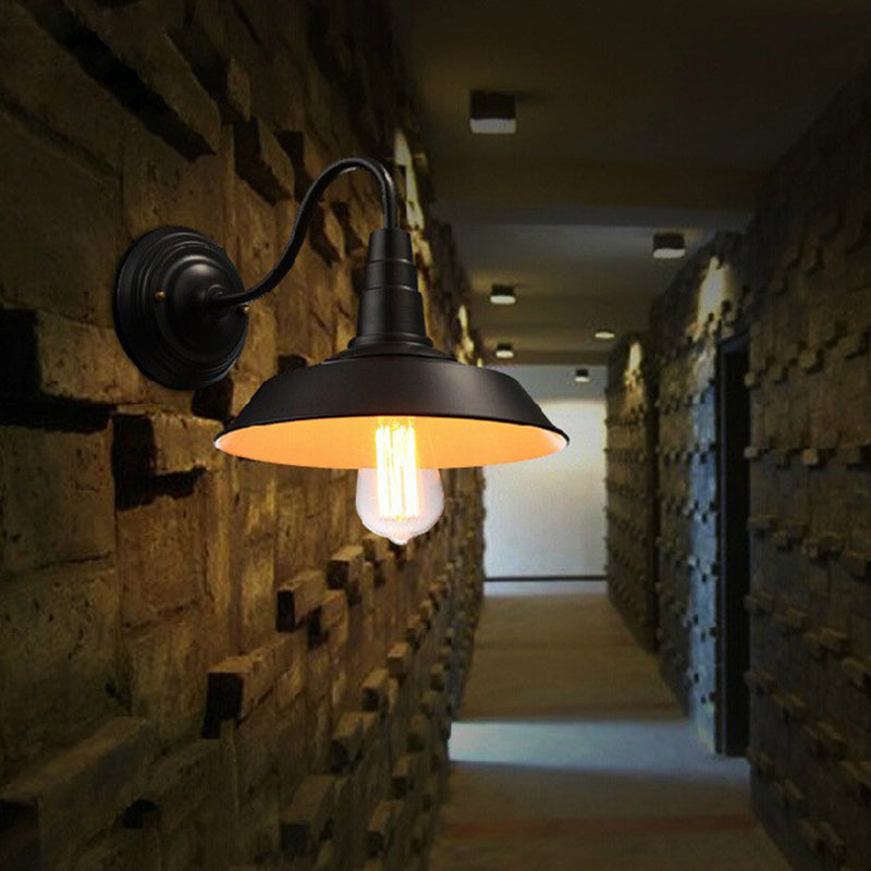 Lisslune | Vintage Barn Wall Lighting 10"/14" Wide 1-Light Metal Gooseneck Wall Mount Lighting in Black