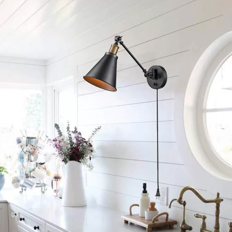 Skørter | Horn Iron Wall-mounted Reading Light Industrial 1-Lamp Bedroom Rotating Wall Lighting with/without Plug-in Cable in Black