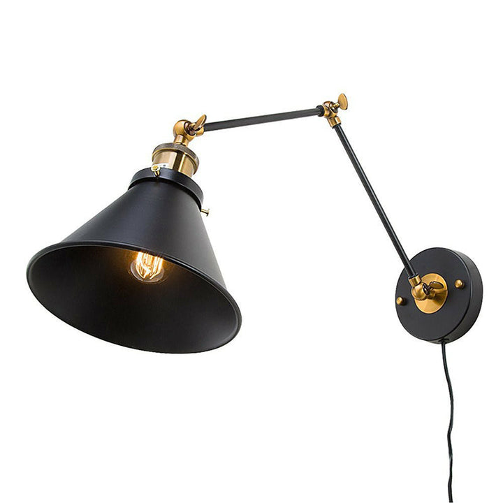Lisslune | Iron Black Finish Reading Wall Lamp Roll-Edge Conical Single Industrial Plug/Plug-less Wall Lighting with Swingarm