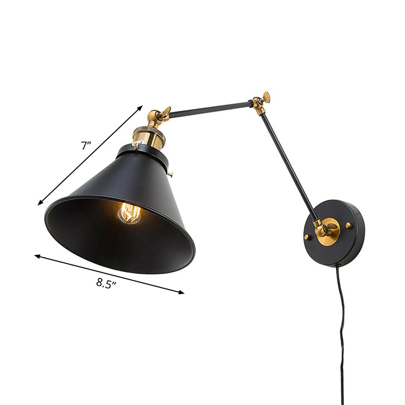Lisslune | Iron Black Finish Reading Wall Lamp Roll-Edge Conical Single Industrial Plug/Plug-less Wall Lighting with Swingarm