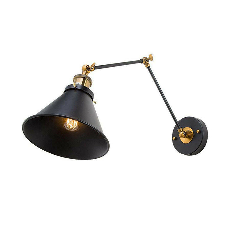 Lisslune | Iron Black Finish Reading Wall Lamp Roll-Edge Conical Single Industrial Plug/Plug-less Wall Lighting with Swingarm