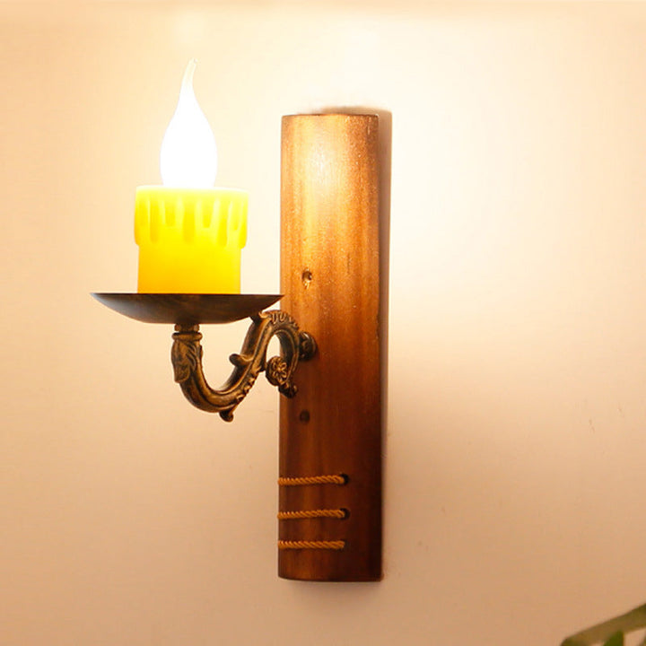 Lisslune | Brown rectangular wall light Cottage Bamboo 1 bulb living room wall light with flameless candle