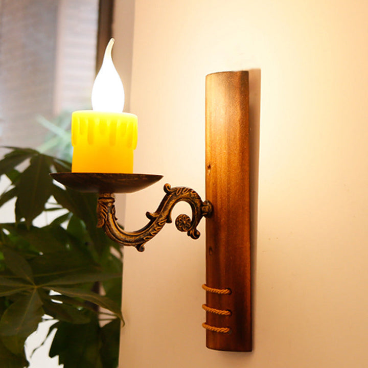 Lisslune | Brown rectangular wall light Cottage Bamboo 1 bulb living room wall light with flameless candle