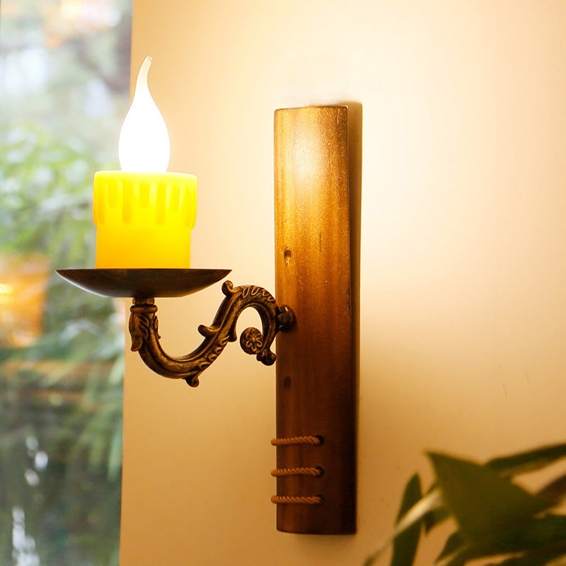 Lisslune | Brown rectangular wall light Cottage Bamboo 1 bulb living room wall light with flameless candle
