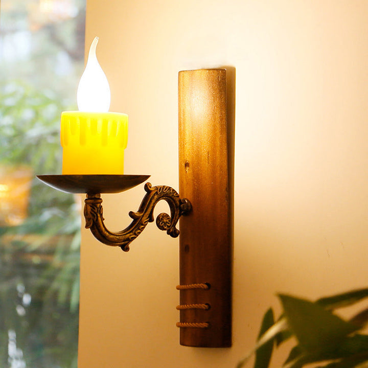 Lisslune | Brown rectangular wall light Cottage Bamboo 1 bulb living room wall light with flameless candle
