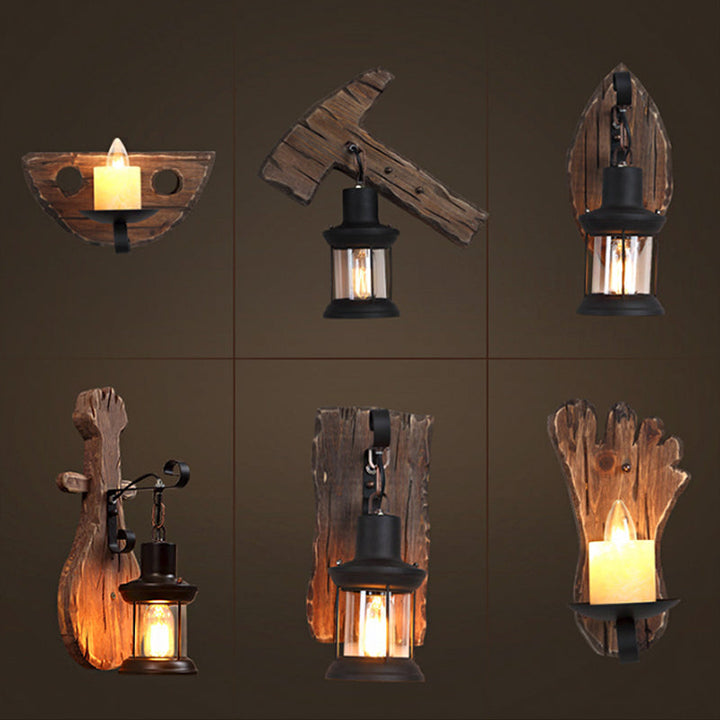 Lisslune | 1-Light Lantern Wall Light Kit Landscape Brown Clear Glass Wall Pendant Lamp with Rectangular/Semi-Circular Wood Backplate