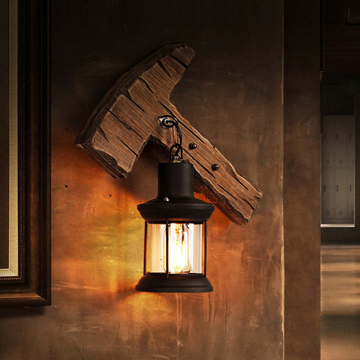 Lisslune | 1-Light Lantern Wall Light Kit Landscape Brown Clear Glass Wall Pendant Lamp with Rectangular/Semi-Circular Wood Backplate