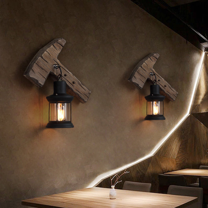 Lisslune | 1-Light Lantern Wall Light Kit Landscape Brown Clear Glass Wall Pendant Lamp with Rectangular/Semi-Circular Wood Backplate
