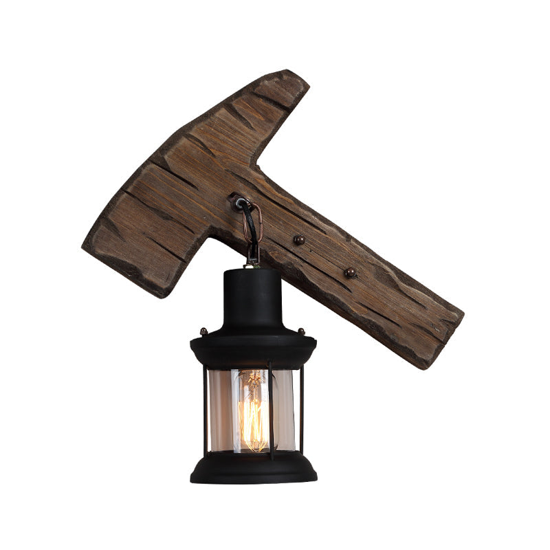 Lisslune | 1-Light Lantern Wall Light Kit Landscape Brown Clear Glass Wall Pendant Lamp with Rectangular/Semi-Circular Wood Backplate