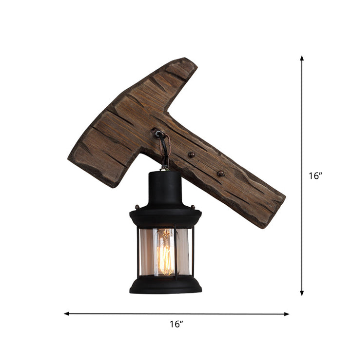 Lisslune | 1-Light Lantern Wall Light Kit Landscape Brown Clear Glass Wall Pendant Lamp with Rectangular/Semi-Circular Wood Backplate