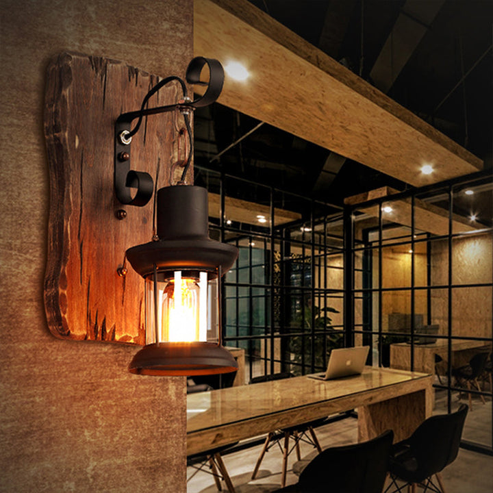 Lisslune | 1-Light Lantern Wall Light Kit Landscape Brown Clear Glass Wall Pendant Lamp with Rectangular/Semi-Circular Wood Backplate