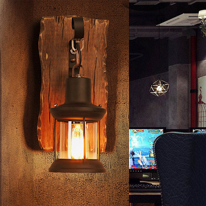 Lisslune | 1-Light Lantern Wall Light Kit Landscape Brown Clear Glass Wall Pendant Lamp with Rectangular/Semi-Circular Wood Backplate