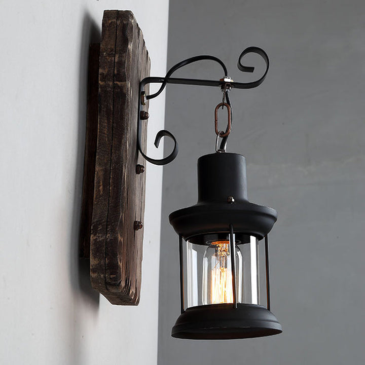 Lisslune | 1-Light Lantern Wall Light Kit Landscape Brown Clear Glass Wall Pendant Lamp with Rectangular/Semi-Circular Wood Backplate