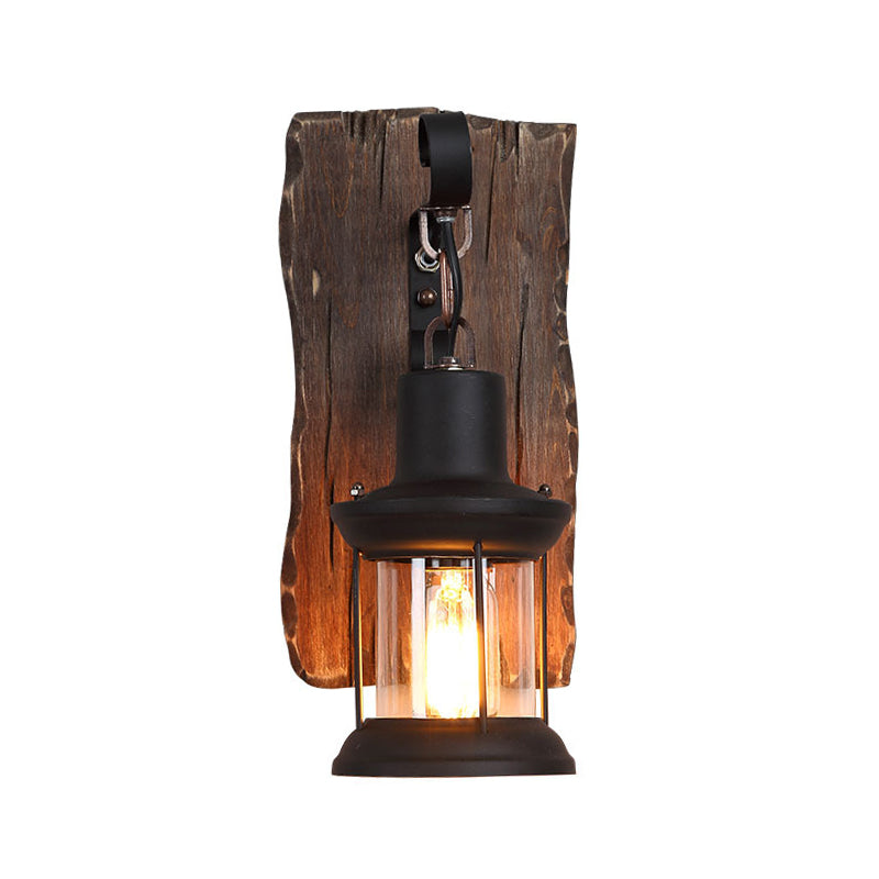 Lisslune | 1-Light Lantern Wall Light Kit Landscape Brown Clear Glass Wall Pendant Lamp with Rectangular/Semi-Circular Wood Backplate