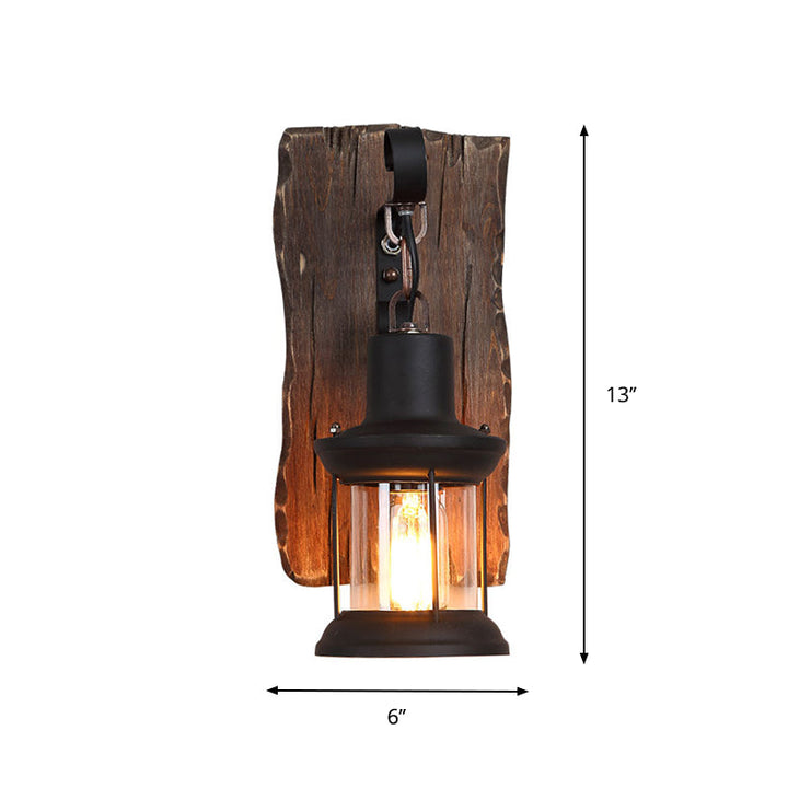 Lisslune | 1-Light Lantern Wall Light Kit Landscape Brown Clear Glass Wall Pendant Lamp with Rectangular/Semi-Circular Wood Backplate