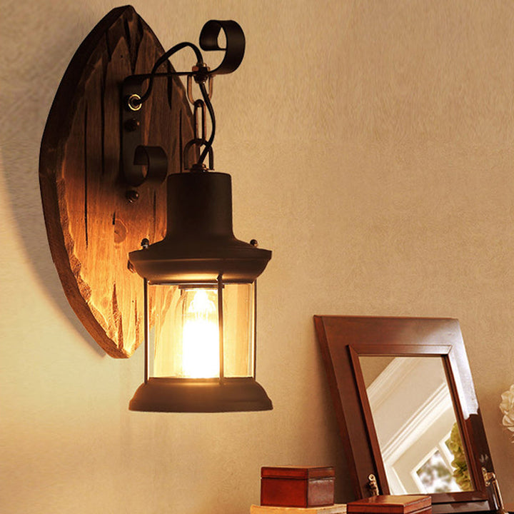 Lisslune | 1-Light Lantern Wall Light Kit Landscape Brown Clear Glass Wall Pendant Lamp with Rectangular/Semi-Circular Wood Backplate