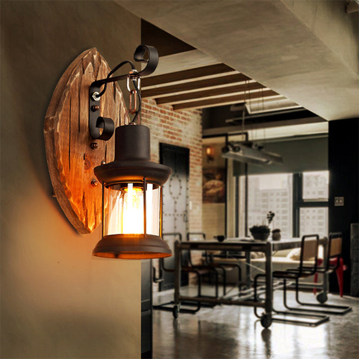 Lisslune | 1-Light Lantern Wall Light Kit Landscape Brown Clear Glass Wall Pendant Lamp with Rectangular/Semi-Circular Wood Backplate