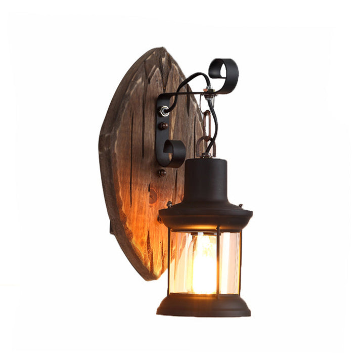 Lisslune | 1-Light Lantern Wall Light Kit Landscape Brown Clear Glass Wall Pendant Lamp with Rectangular/Semi-Circular Wood Backplate