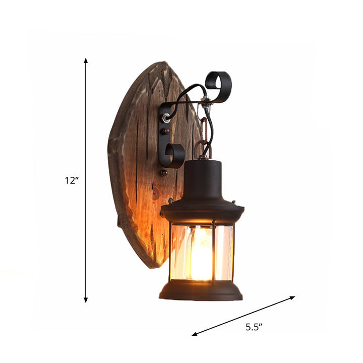 Lisslune | 1-Light Lantern Wall Light Kit Landscape Brown Clear Glass Wall Pendant Lamp with Rectangular/Semi-Circular Wood Backplate