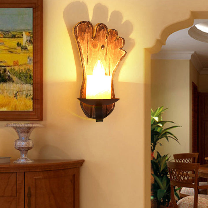 Lisslune | 1-Light Lantern Wall Light Kit Landscape Brown Clear Glass Wall Pendant Lamp with Rectangular/Semi-Circular Wood Backplate