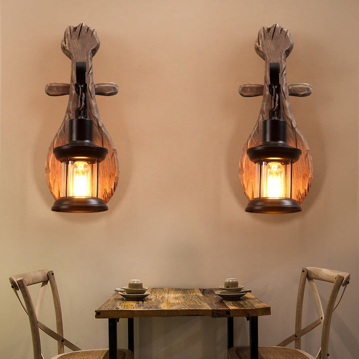 Lisslune | 1-Light Lantern Wall Light Kit Landscape Brown Clear Glass Wall Pendant Lamp with Rectangular/Semi-Circular Wood Backplate